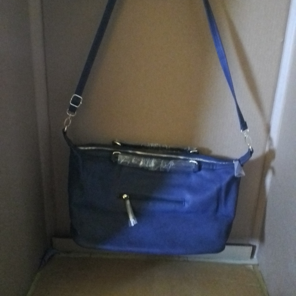 Large MG Collection Blue leather material purse or work bag with red interior